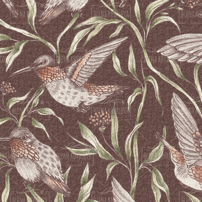 Flying Whimsical Birds Dark Chocolate peel and stick wallpaper pattern detail