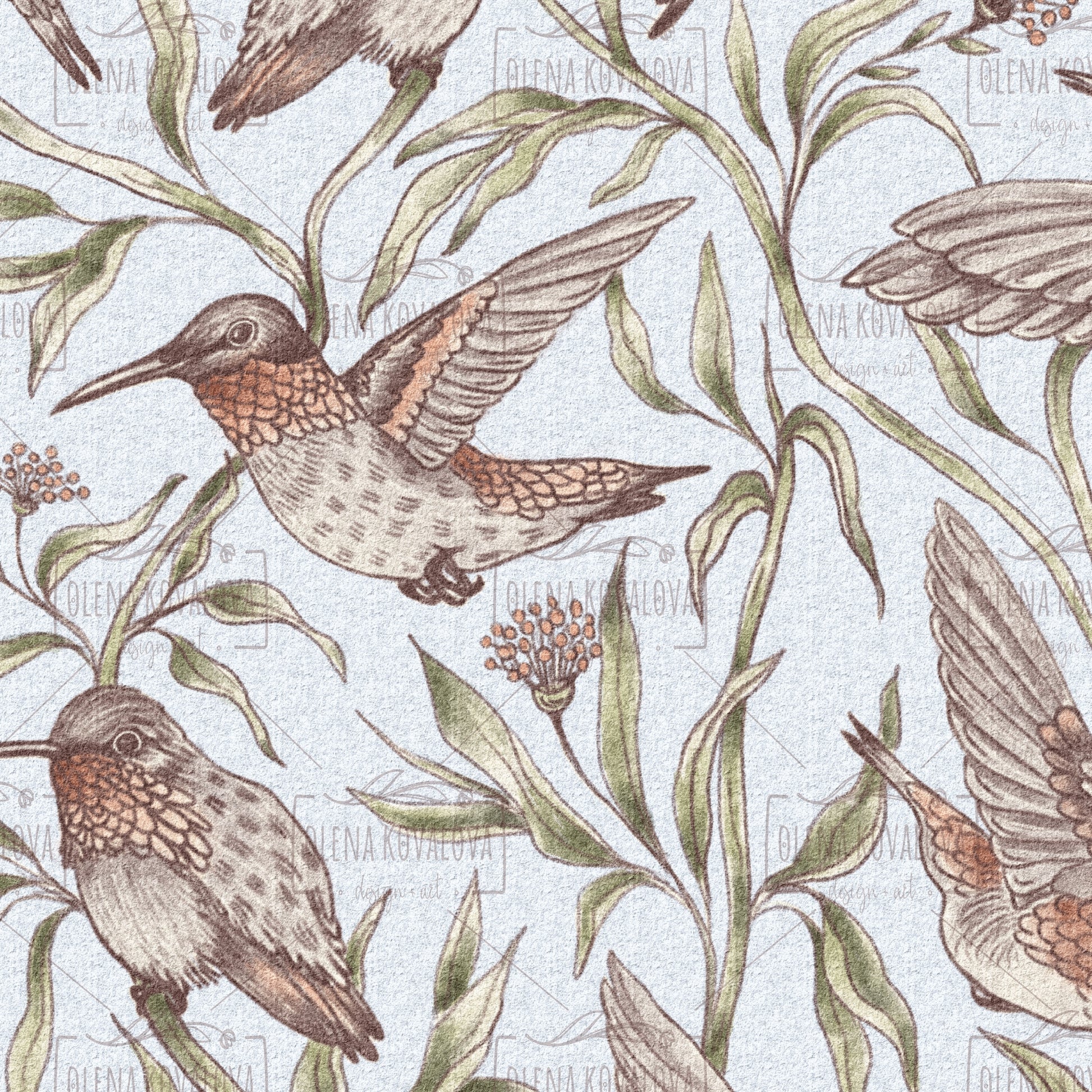 Flying Whimsical Birds Fog Blue peel and stick wallpaper pattern detail
