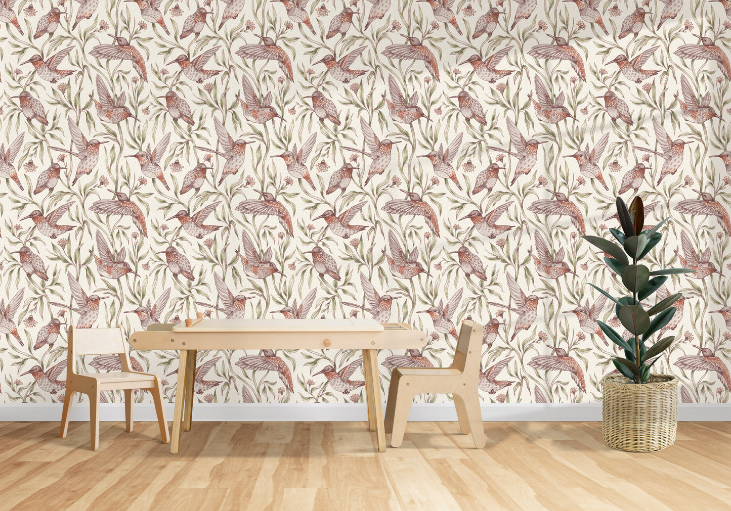 Flying Whimsical Birds peel and stick wallpaper room mockup