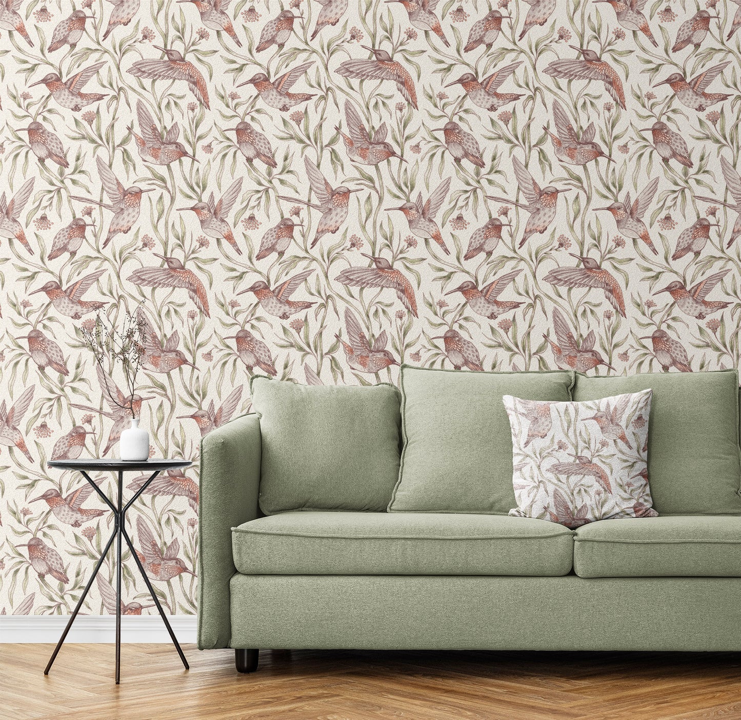 Flying Whimsical Birds peel and stick wallpaper room mockup