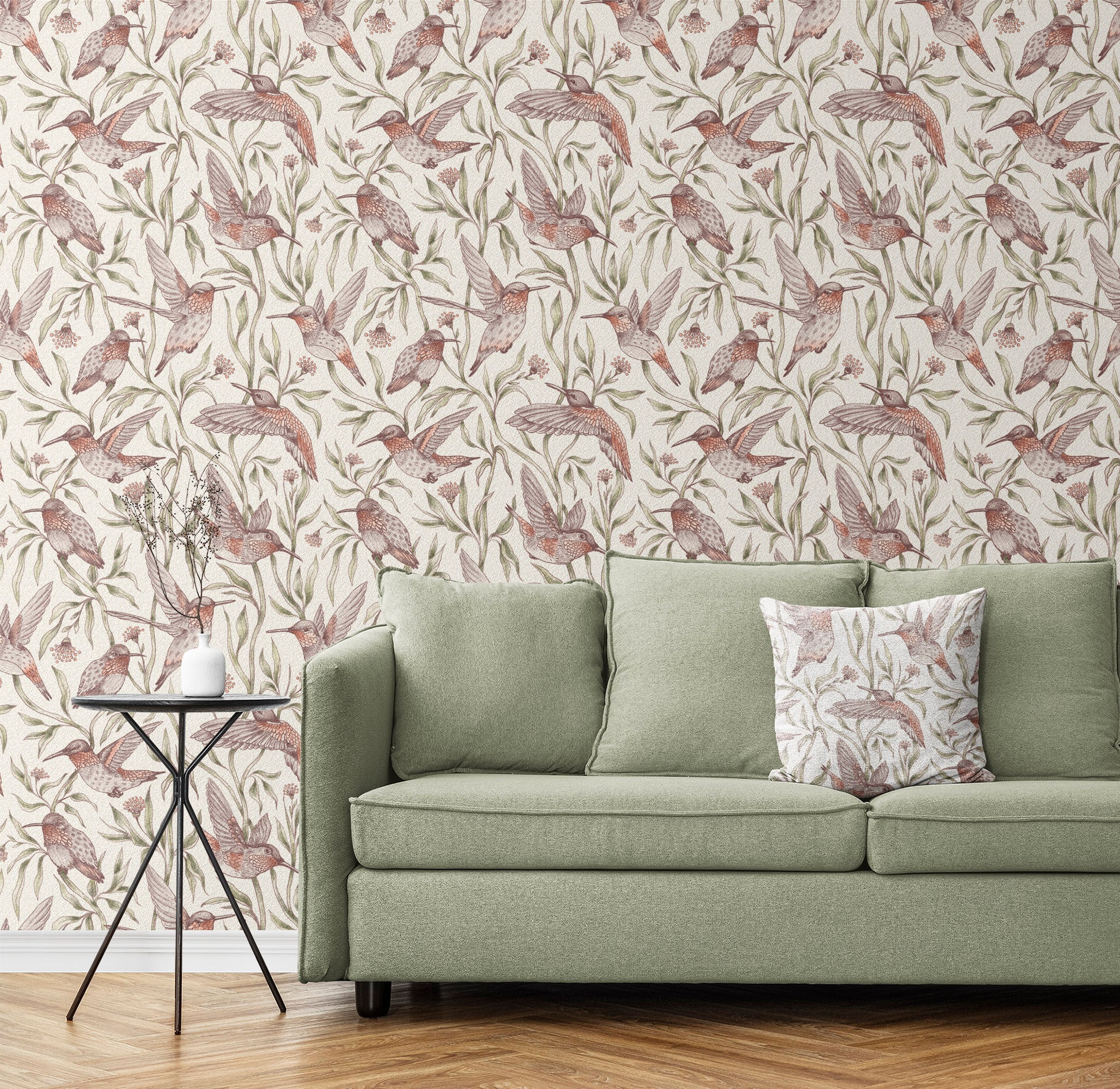 Flying Whimsical Birds peel and stick wallpaper room mockup