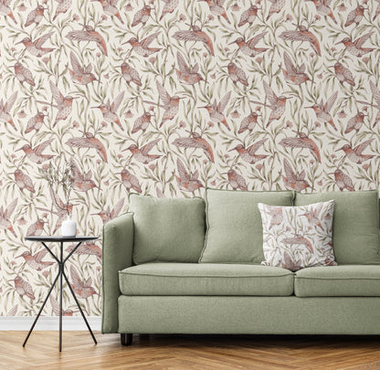 Flying Whimsical Birds peel and stick wallpaper room mockup