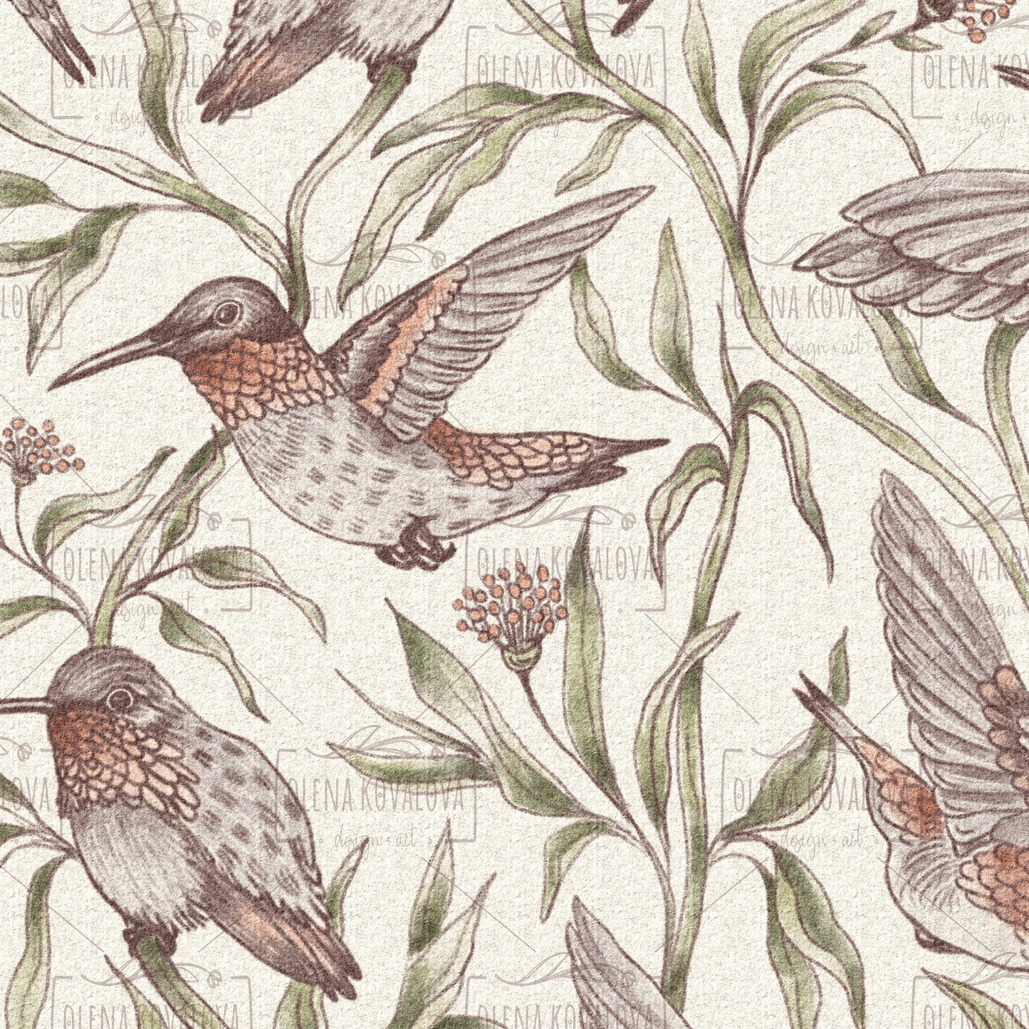Flying Whimsical Birds Natural peel and stick wallpaper pattern detail