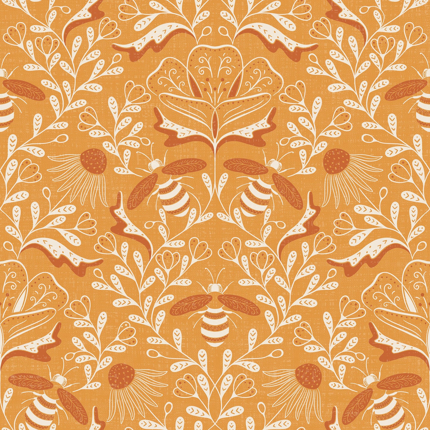 Pattern of bees and flowers on a yellow background