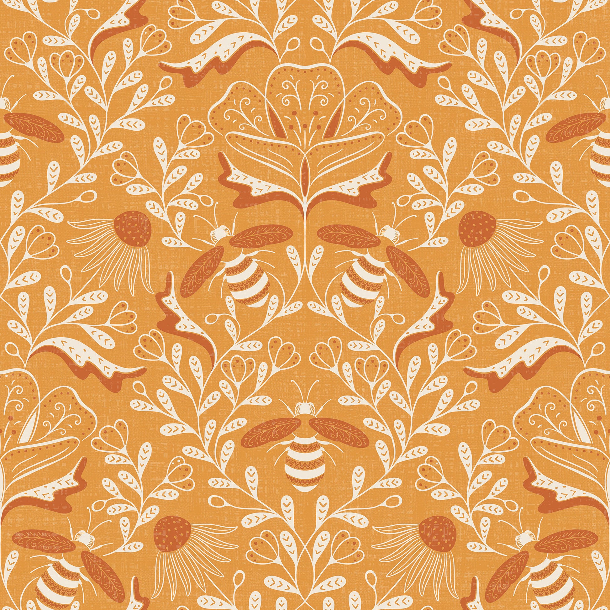 Pattern of bees and flowers on a yellow background