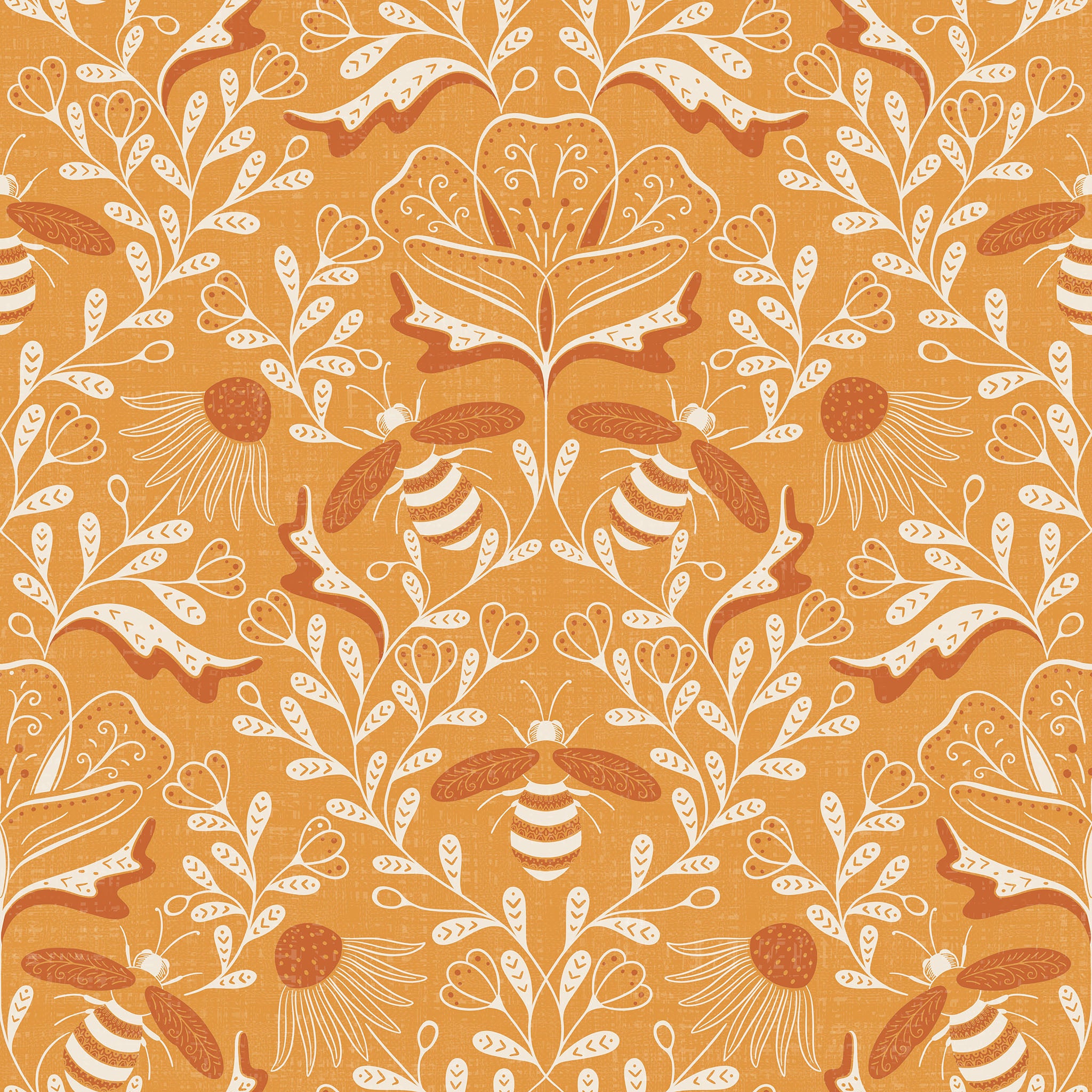 Pattern of bees and flowers on a yellow background