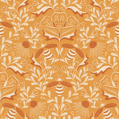 Pattern of bees and flowers on a yellow background