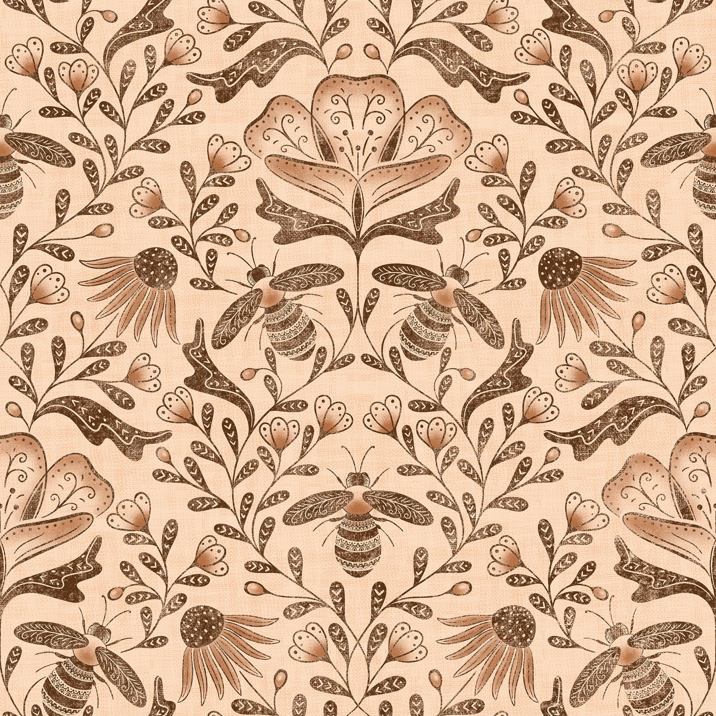 Decorative pattern with bees and flowers on a beige background