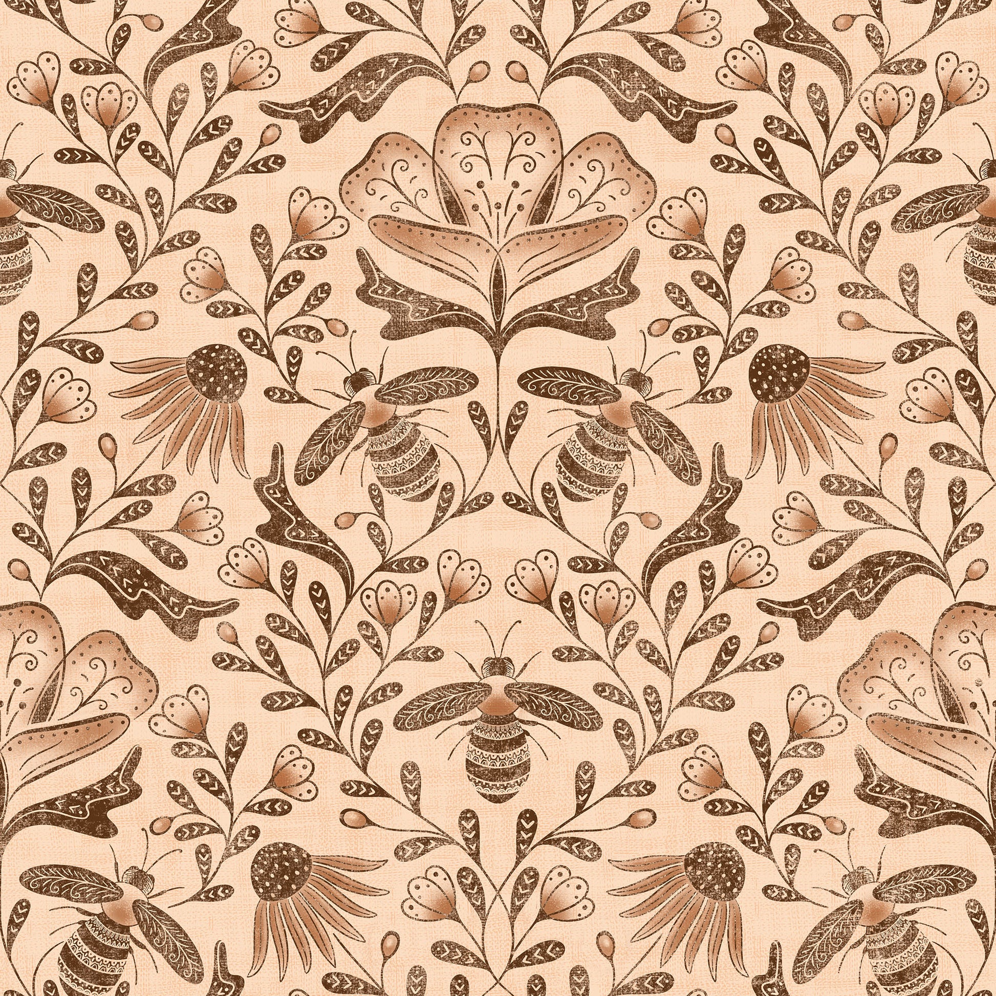 Decorative pattern with bees and flowers on a beige background