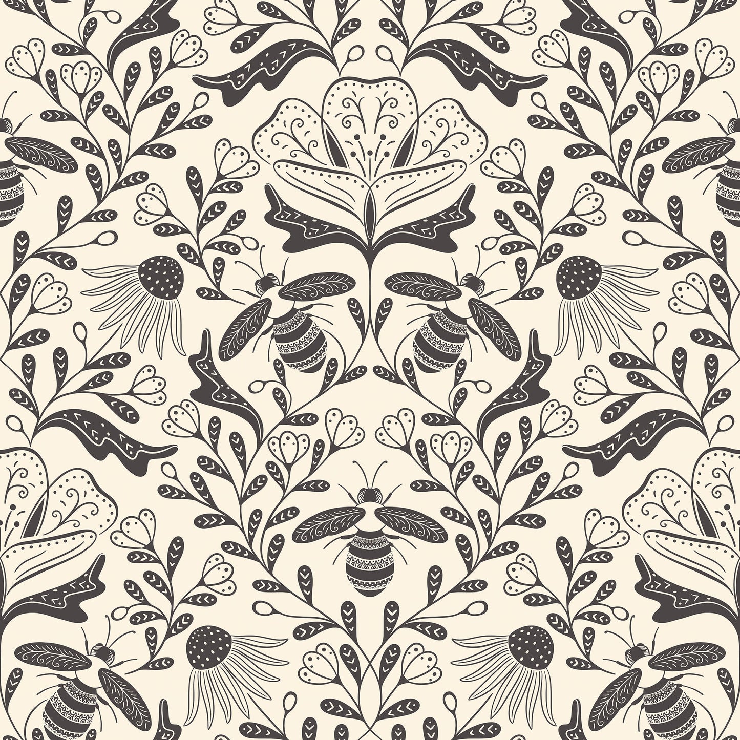 Decorative pattern with bees and flowers on a beige background