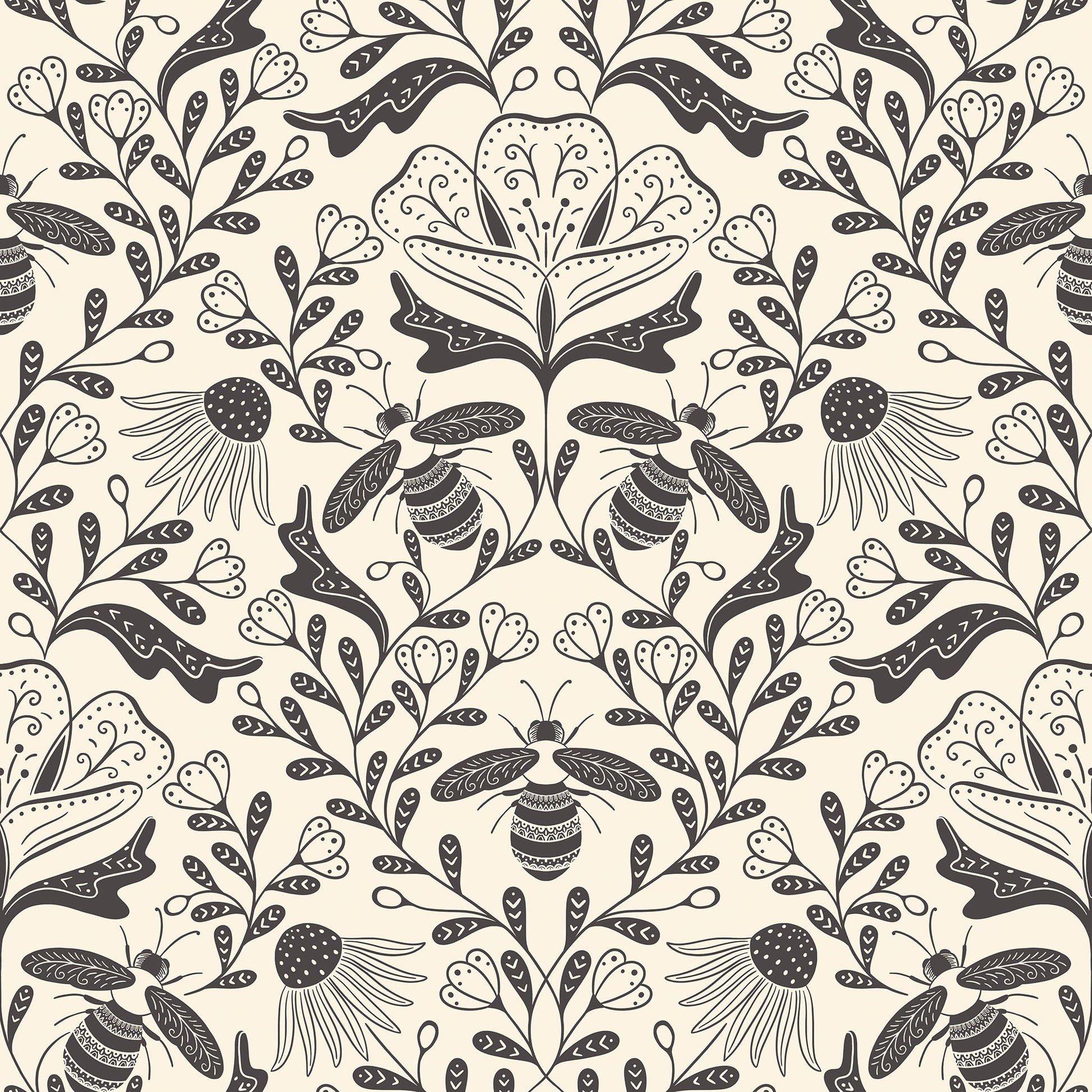 Decorative pattern with bees and flowers on a beige background