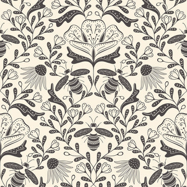 Decorative pattern with bees and flowers on a beige background