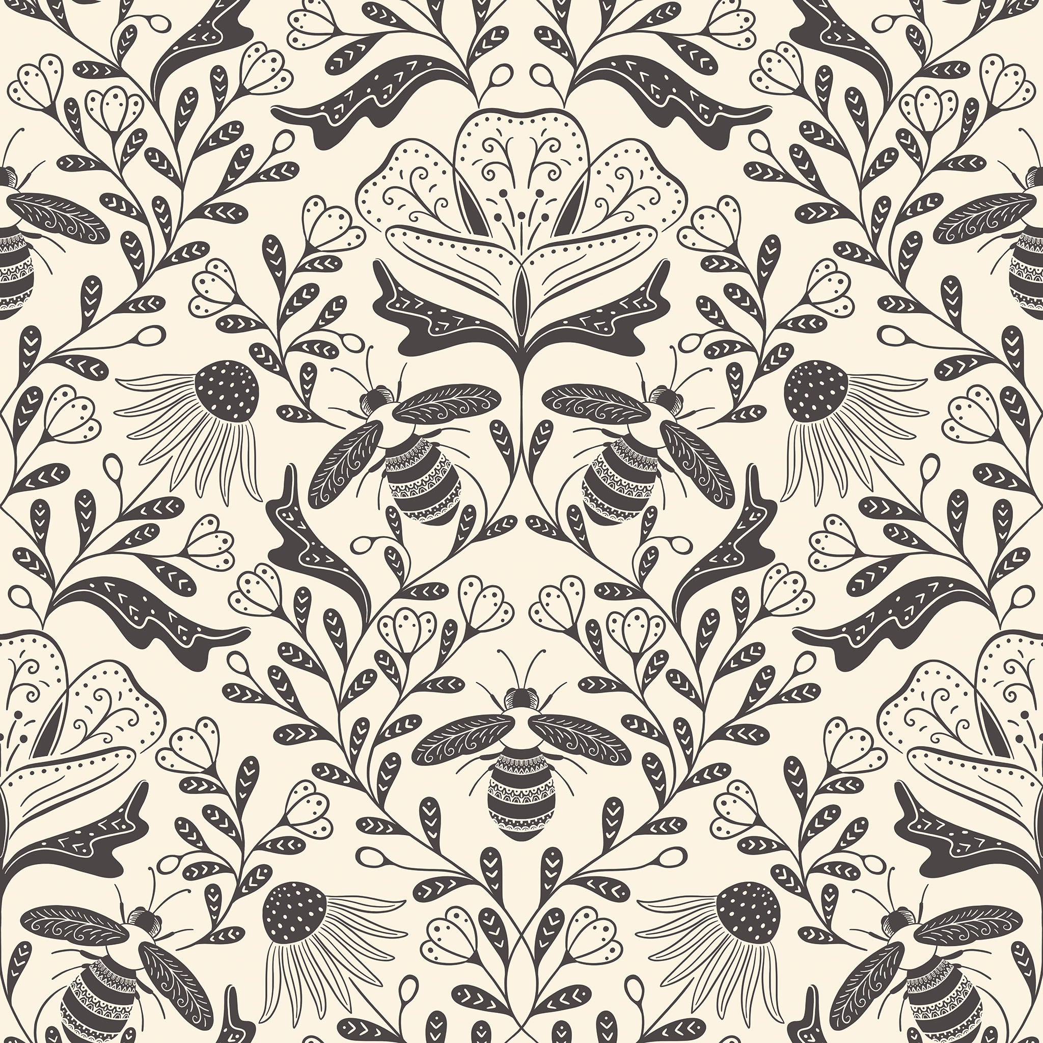 Decorative pattern with bees and flowers on a beige background