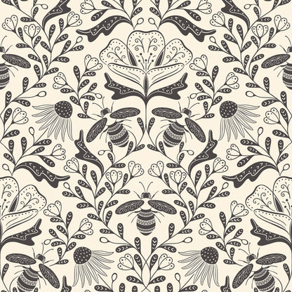 Decorative pattern with bees and flowers on a beige background