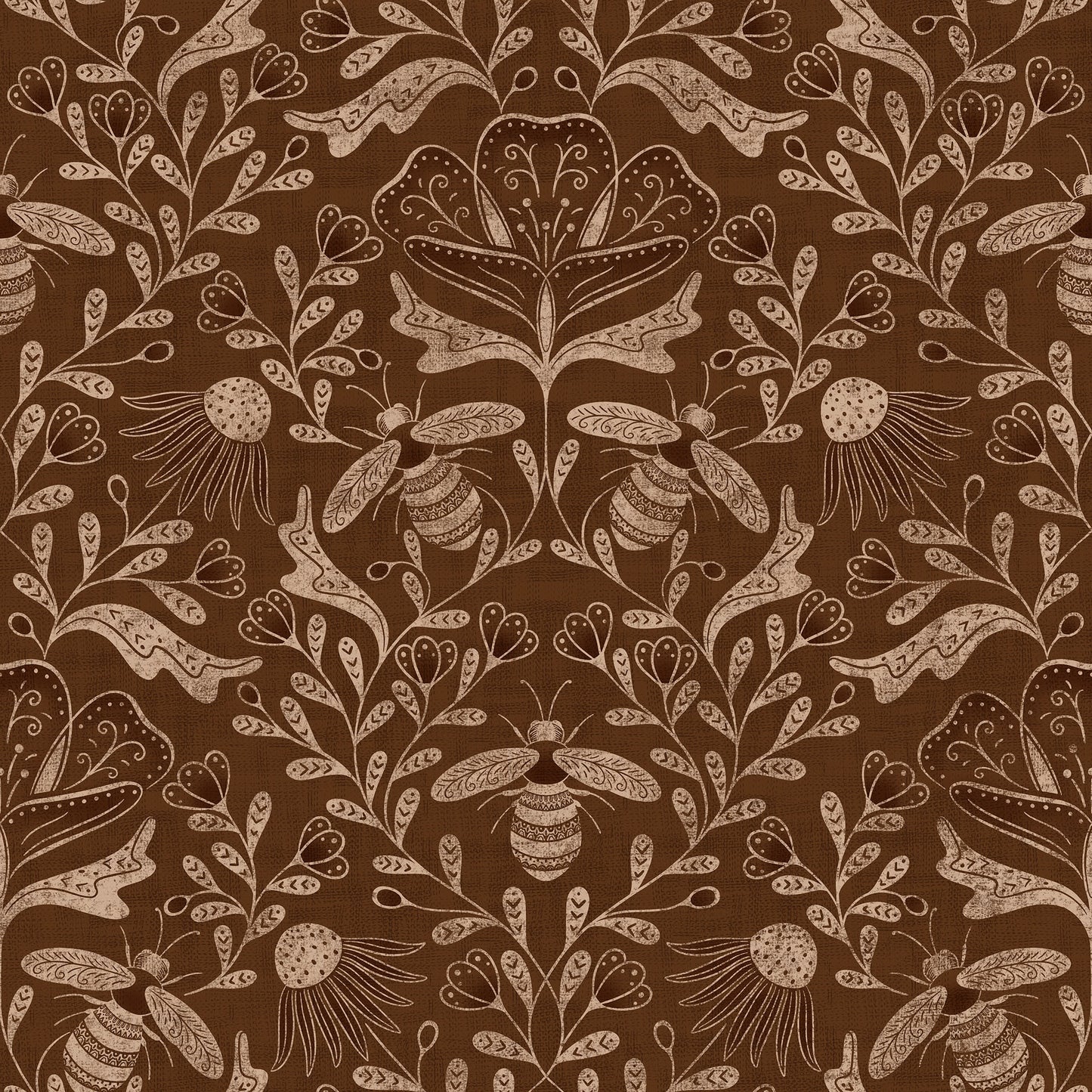 Decorative pattern with bees and floral elements on a brown background