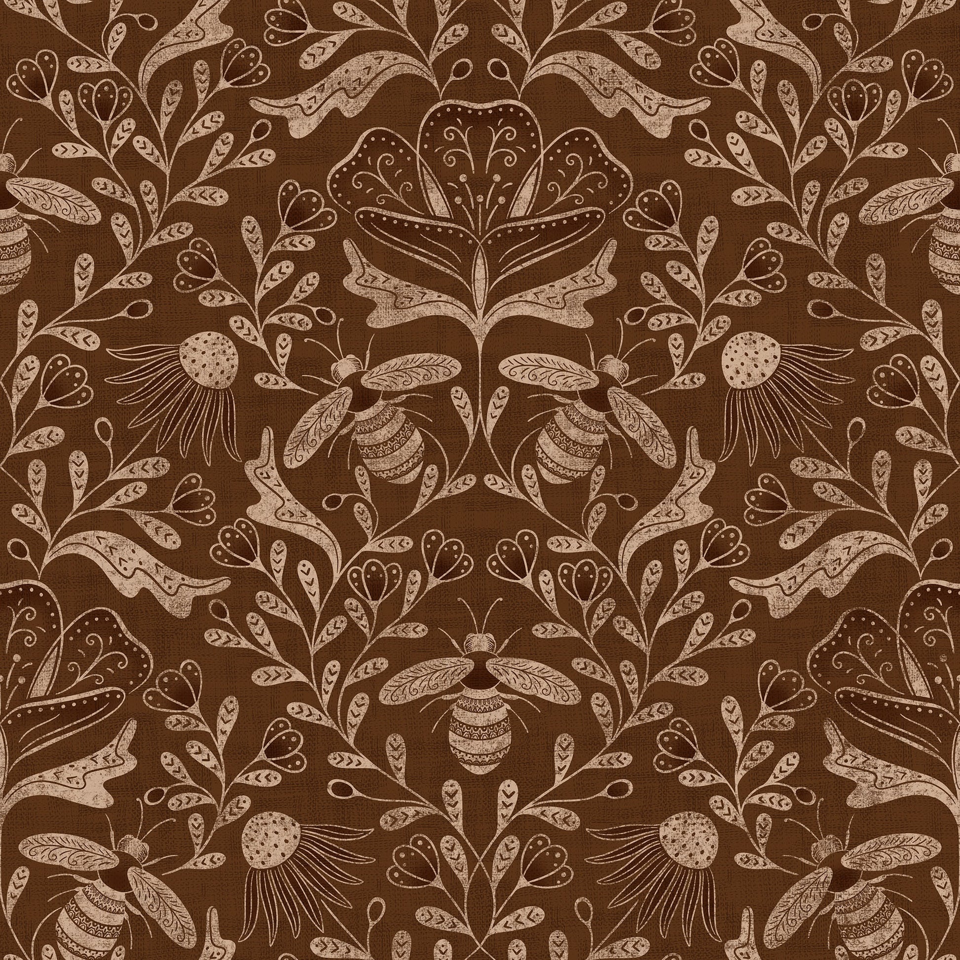 Decorative pattern with bees and floral elements on a brown background