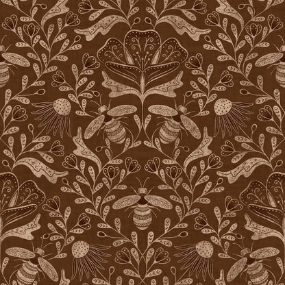 Decorative pattern with bees and floral elements on a brown background
