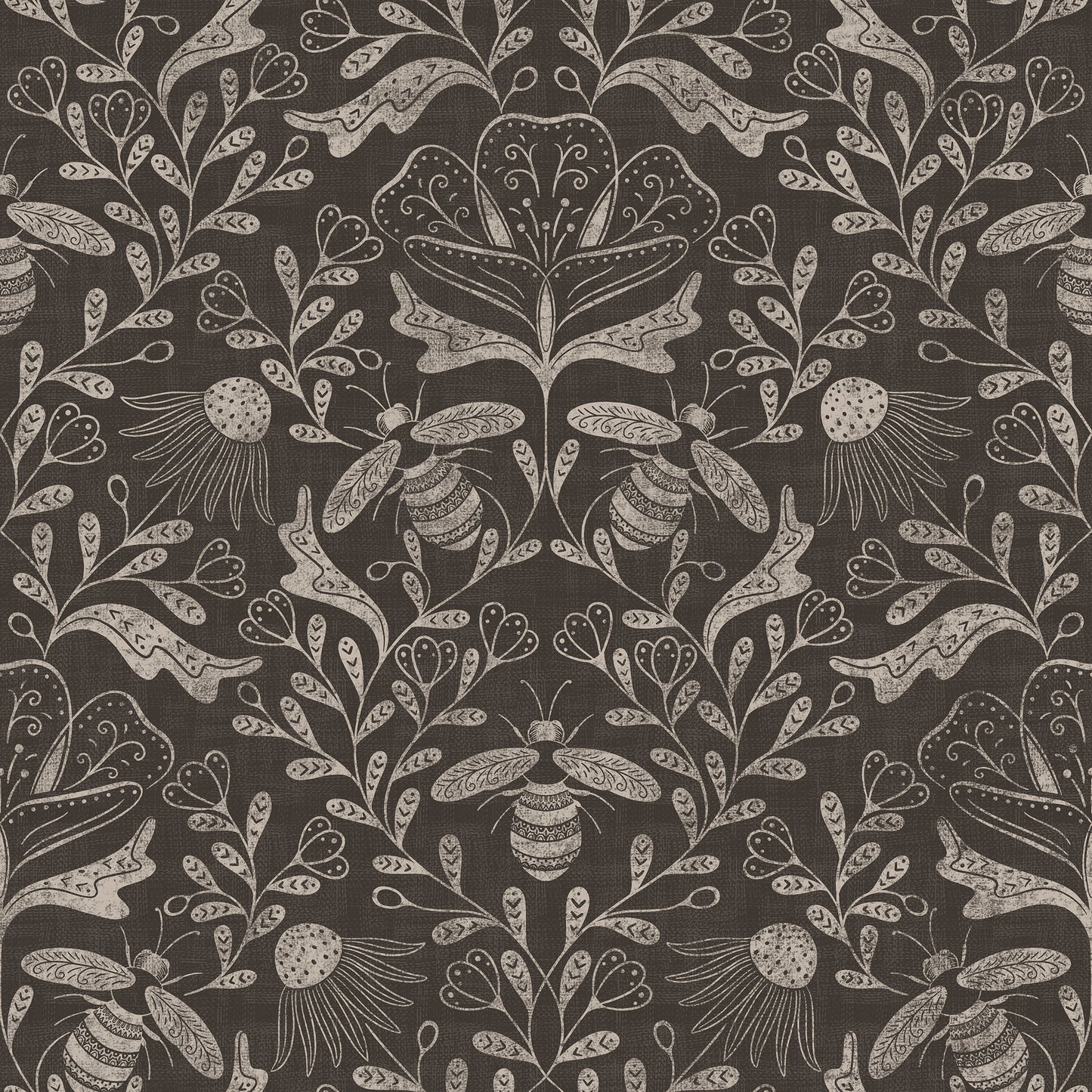 Decorative pattern with bees and floral elements on a dark background