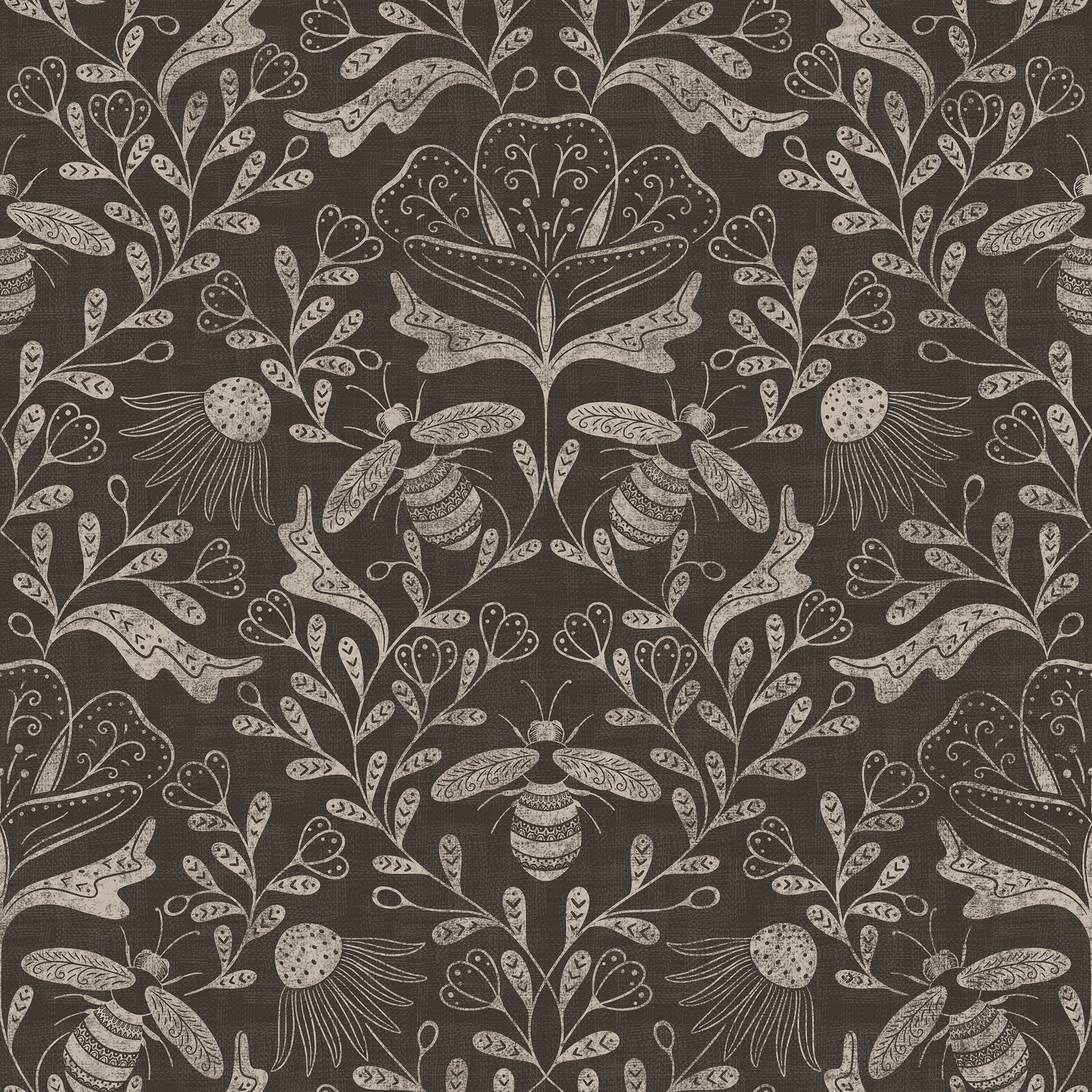 Decorative pattern with bees and floral elements on a dark background