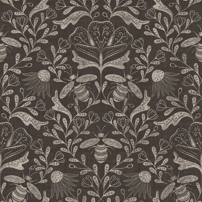 Decorative pattern with bees and floral elements on a dark background