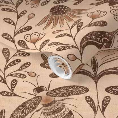 Decorative wallpaper with floral and insect patterns and a light fixture.