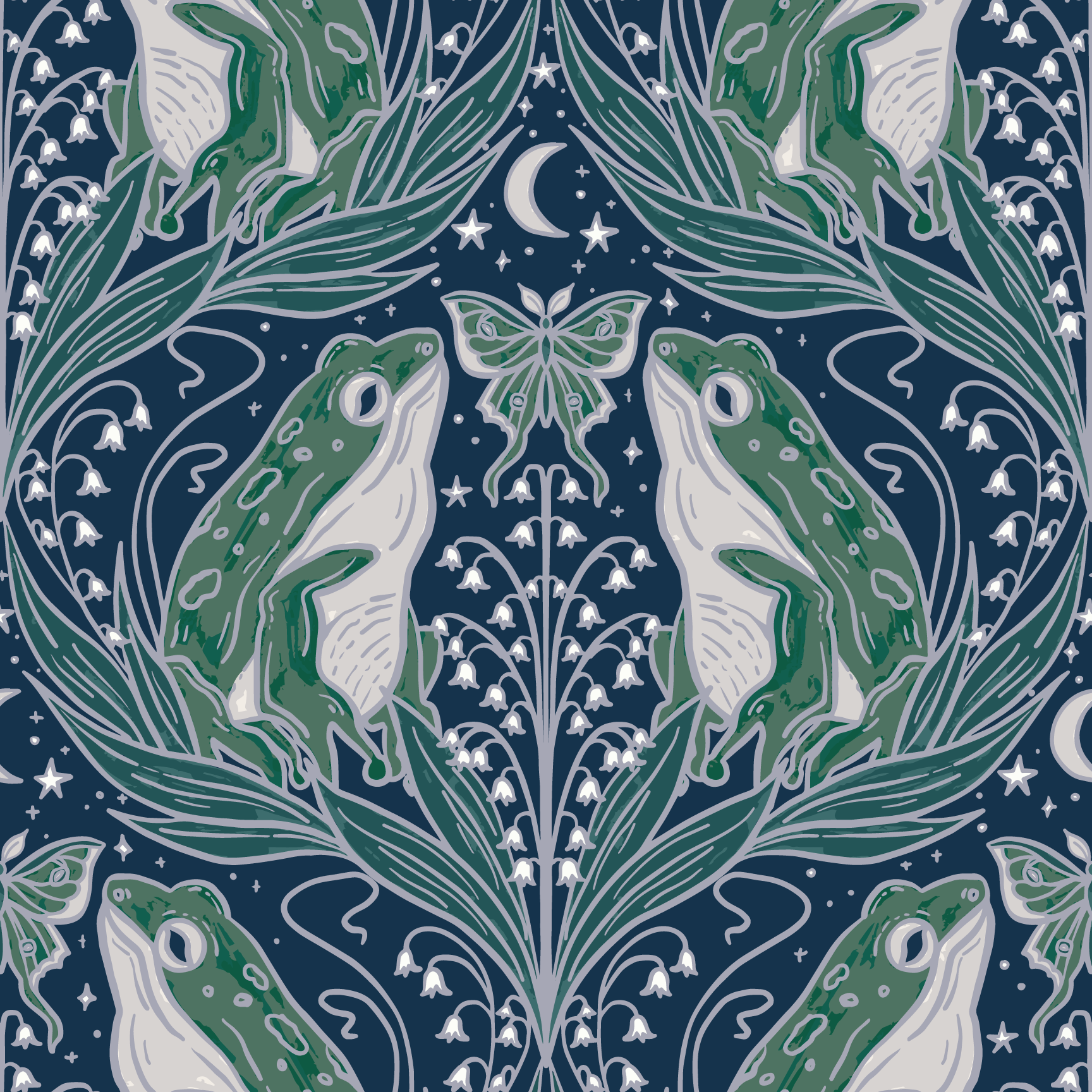 Frog Nouveau Sapphire peel and stick wallpaper pattern detail