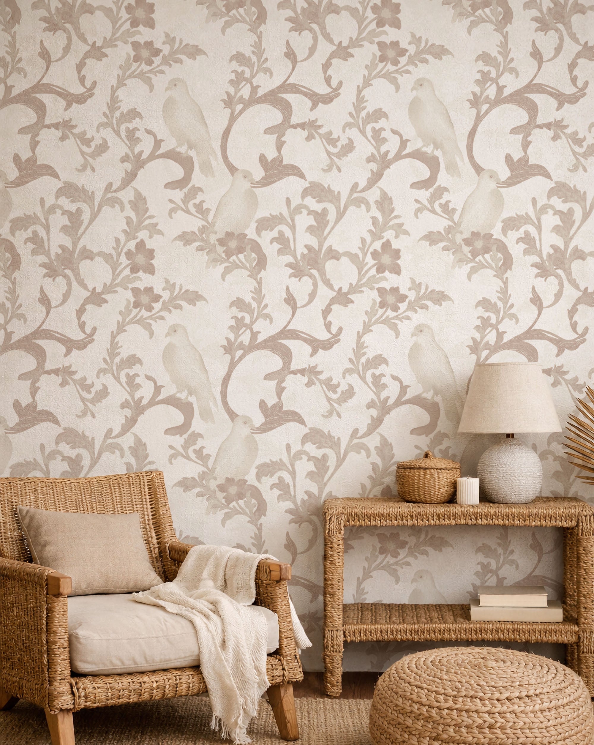 Living room with floral wallpaper, wicker chair, and side table.