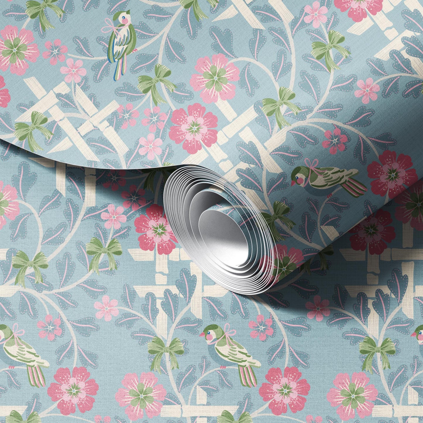 Hidden Birds Blue and Pink Wallpaper