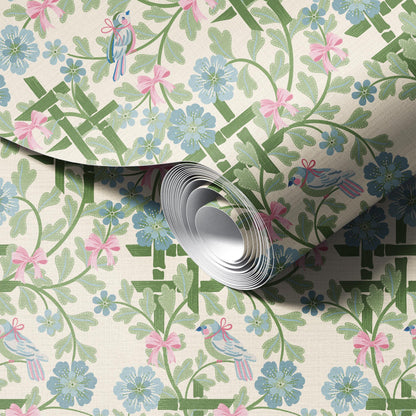 Hidden Birds Green and Cream Wallpaper