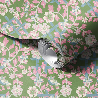 Hidden Birds Pink and Green Wallpaper