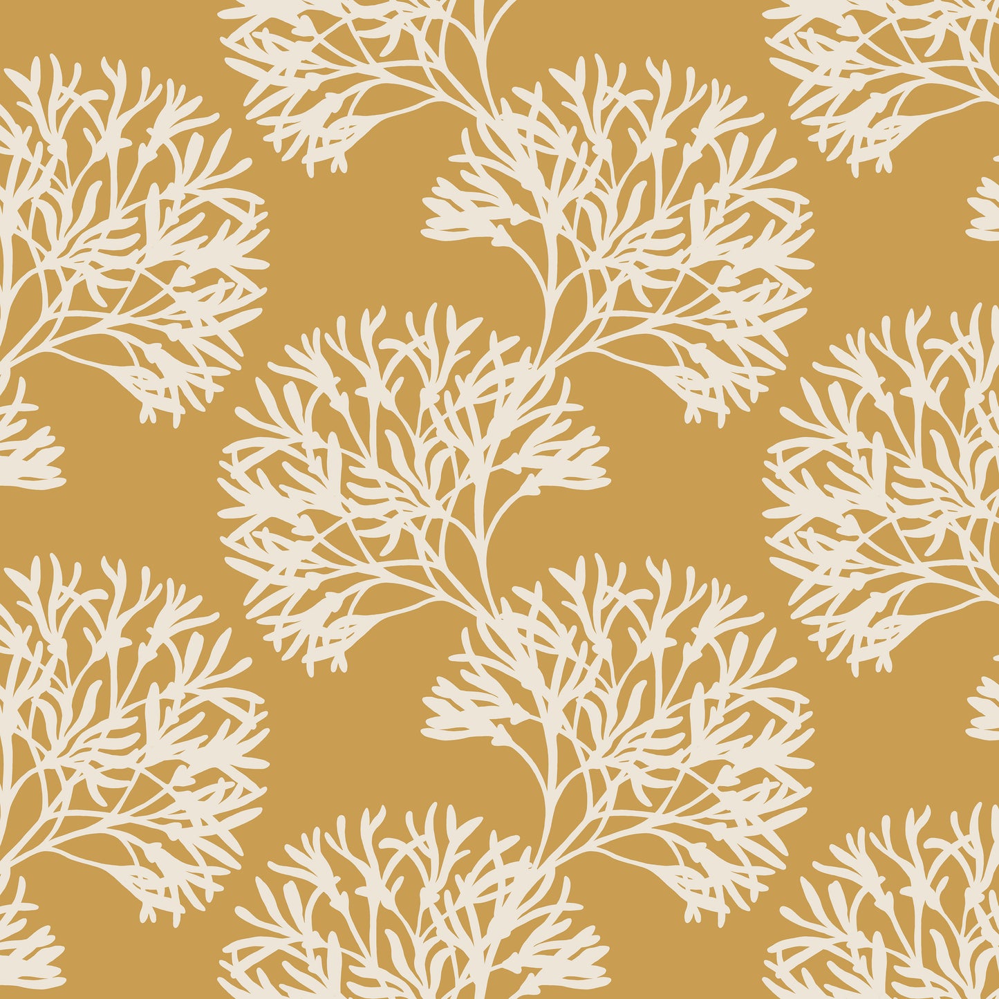White coral pattern on a mustard yellow background