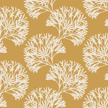 White coral pattern on a mustard yellow background