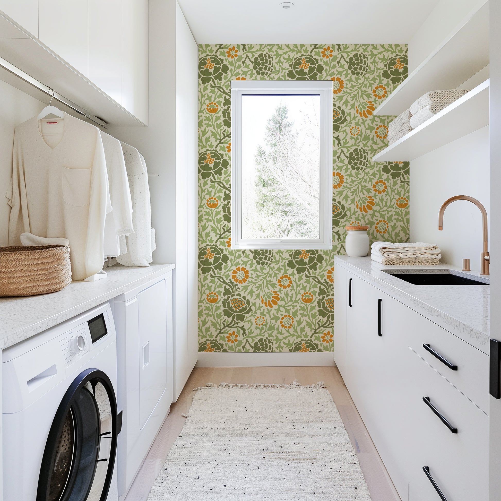 Modern laundry room with floral wallpaper, washing machine, and shelves.