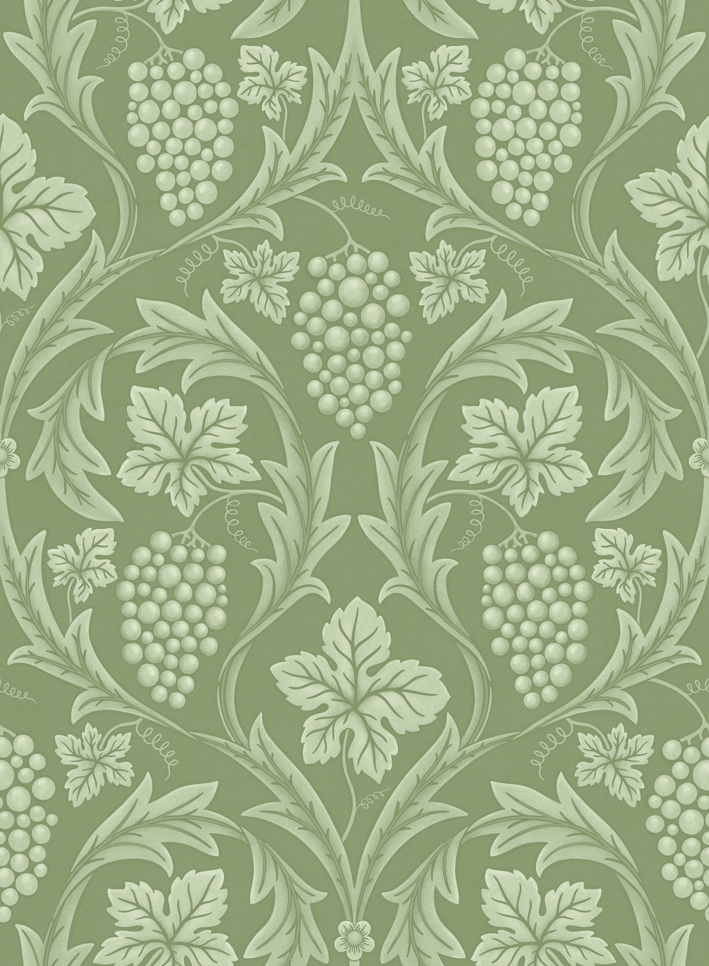 Decorative pattern with grape clusters and leaves on a green background