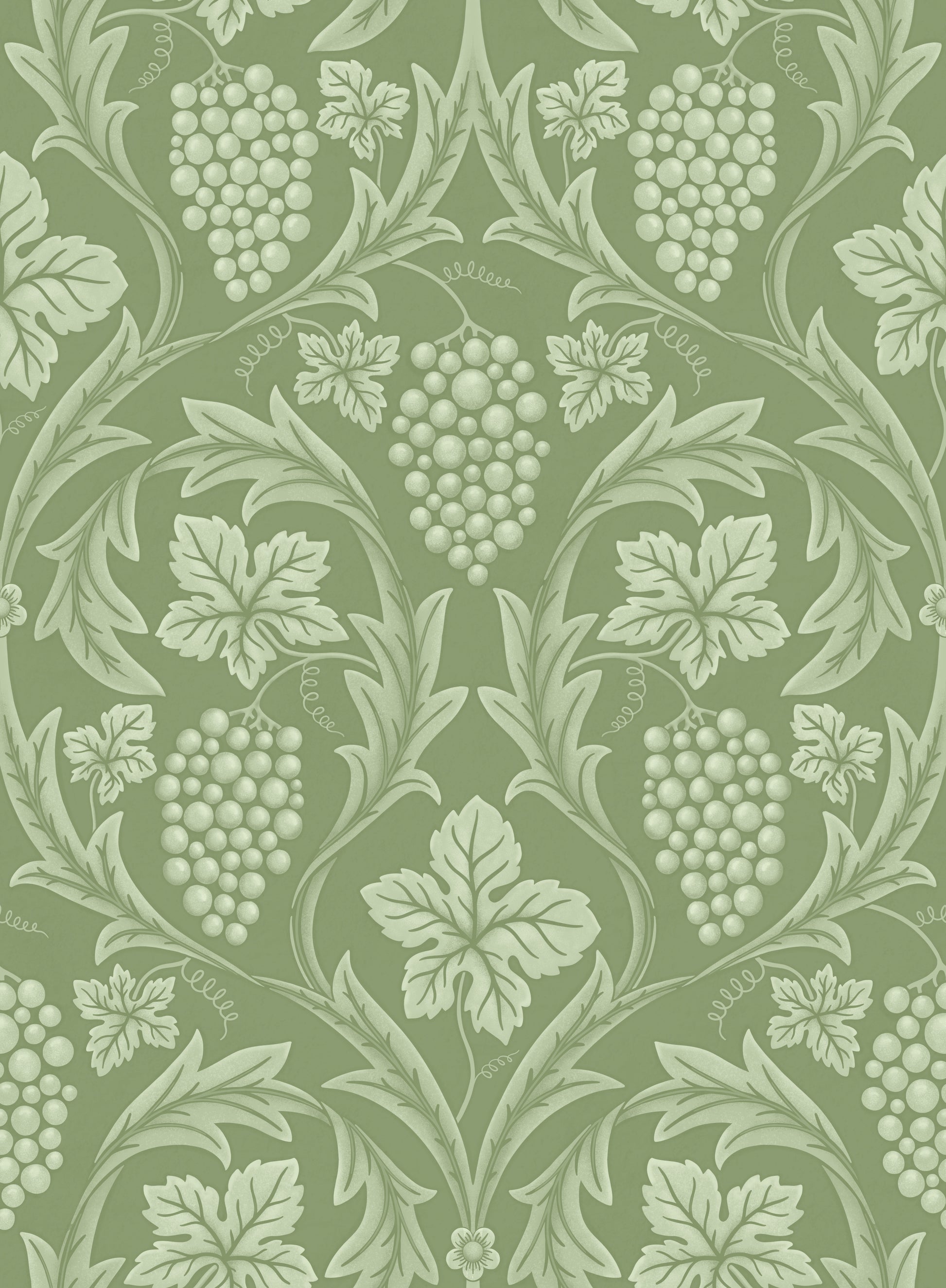 Decorative pattern with grape clusters and leaves on a green background