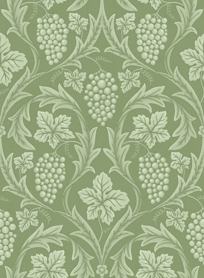 Decorative pattern with grape clusters and leaves on a green background