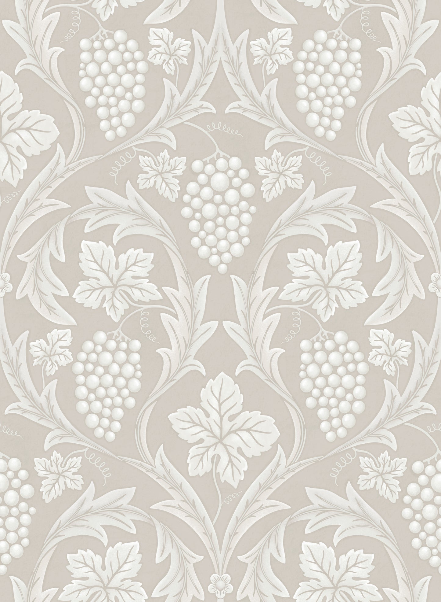 Decorative wallpaper with floral and vine pattern on a beige background