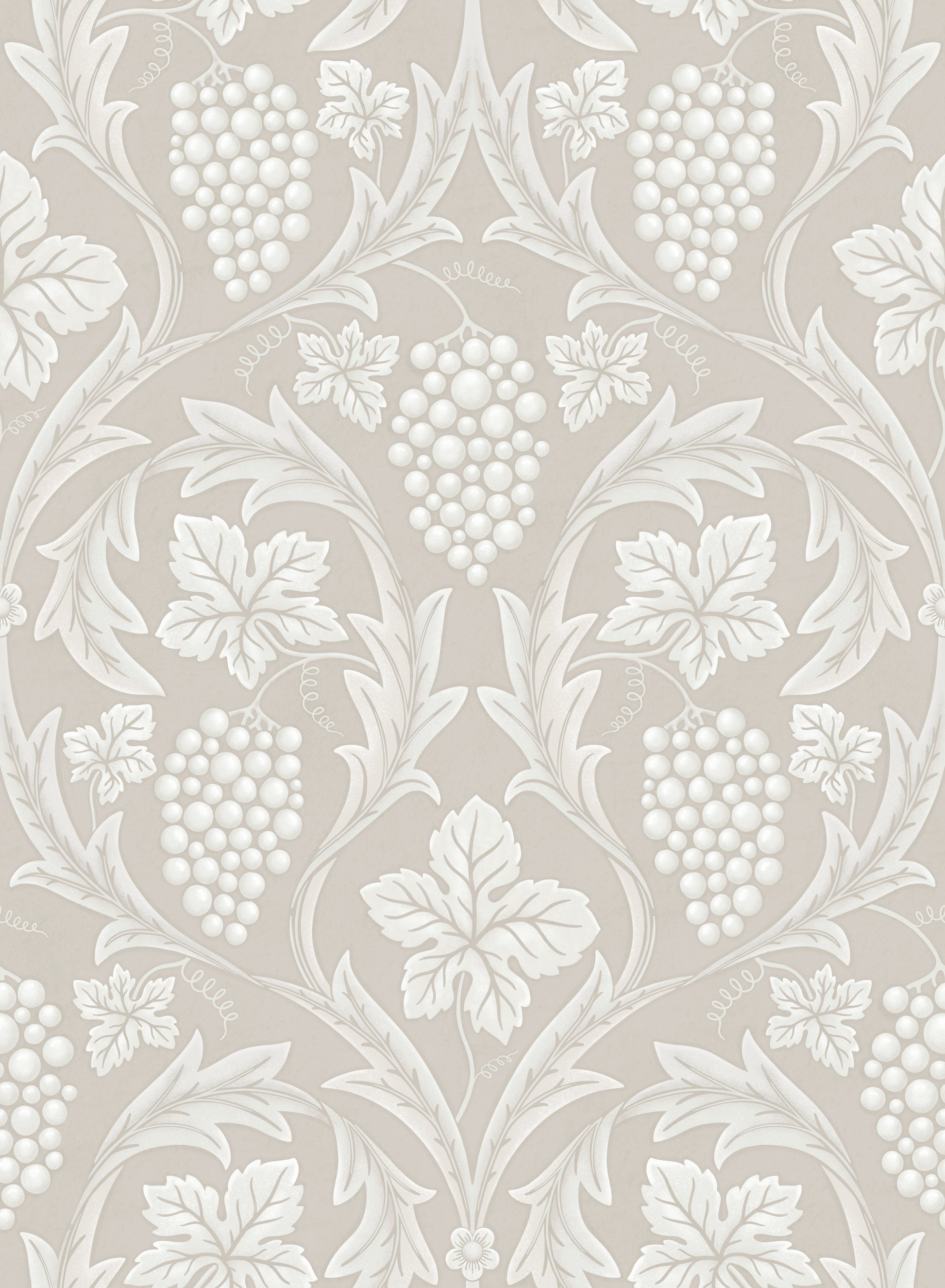 Decorative wallpaper with floral and vine pattern on a beige background