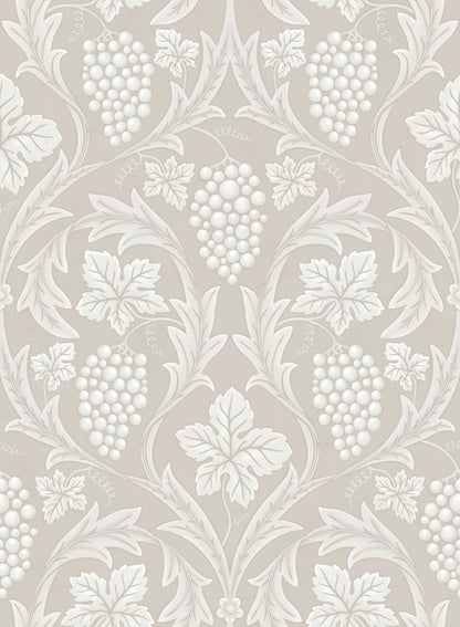 Decorative wallpaper with floral and vine pattern on a beige background
