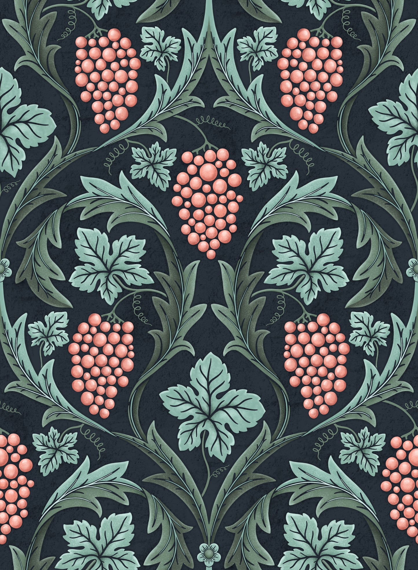 Decorative pattern with pink berries and green leaves on a dark background