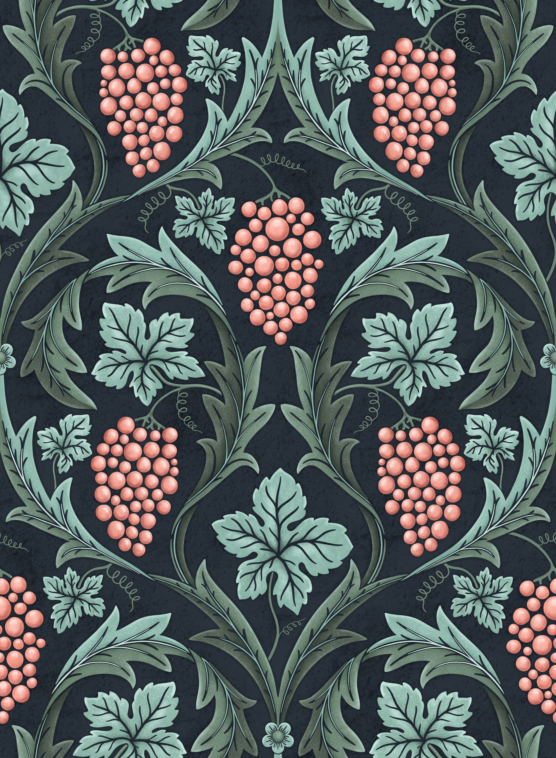 Decorative pattern with pink berries and green leaves on a dark background