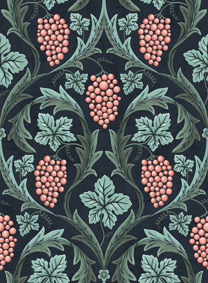 Decorative pattern with pink berries and green leaves on a dark background