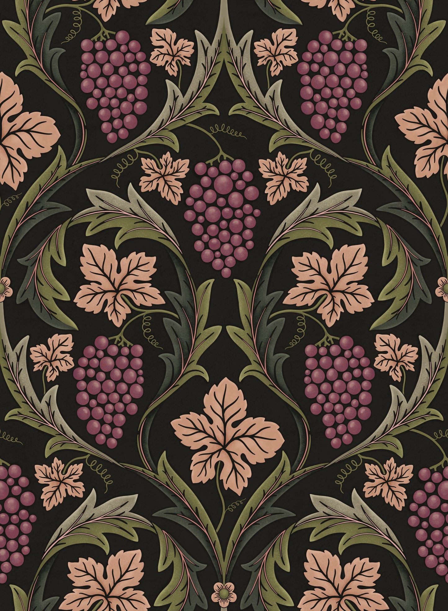 Decorative pattern with purple grapes and green leaves on a black background