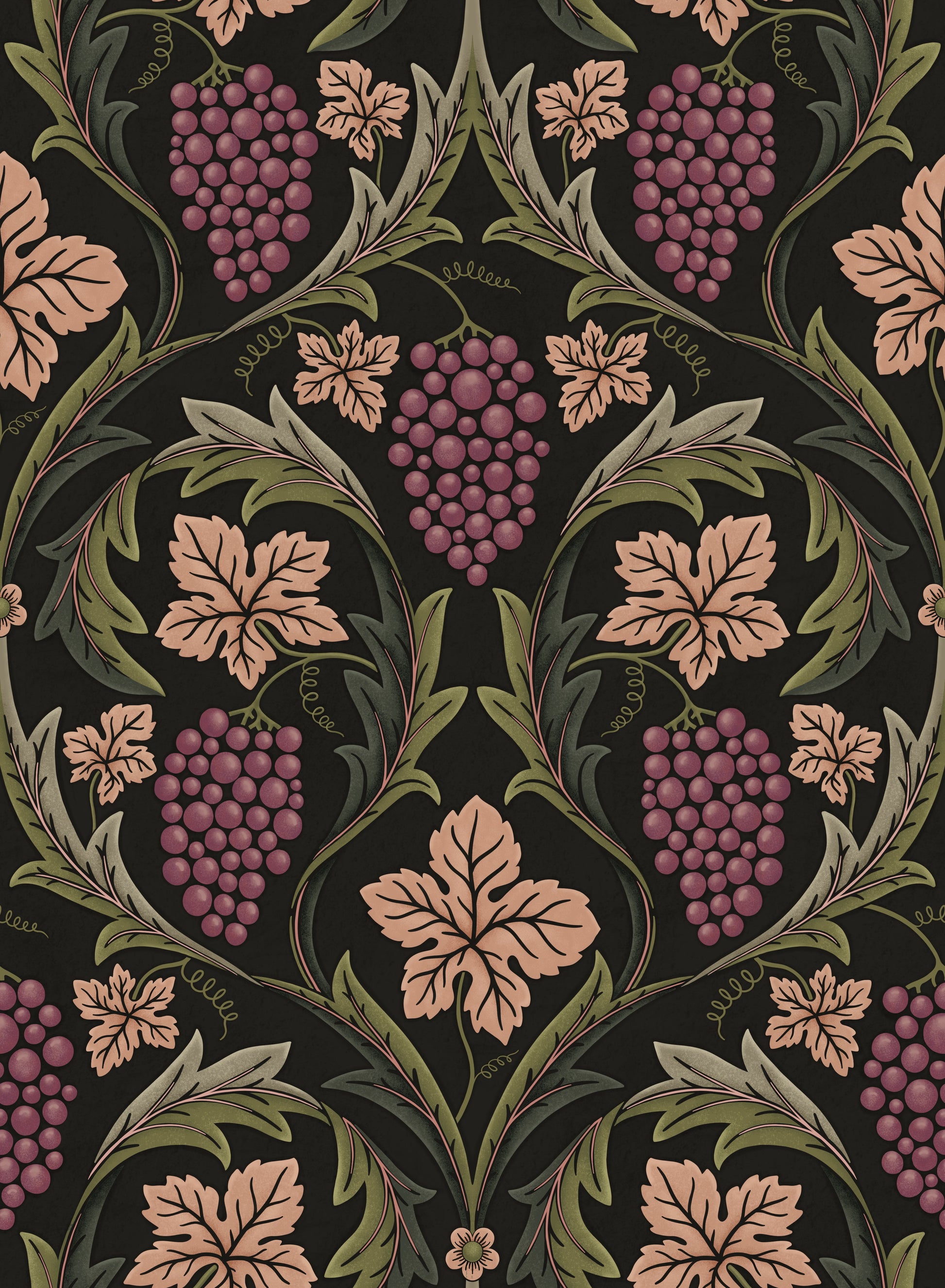 Decorative pattern with purple grapes and green leaves on a black background