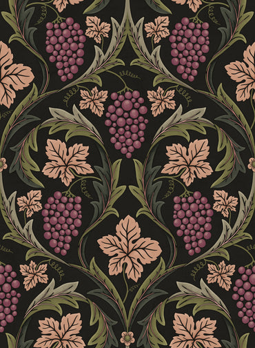 Decorative pattern with purple grapes and green leaves on a black background