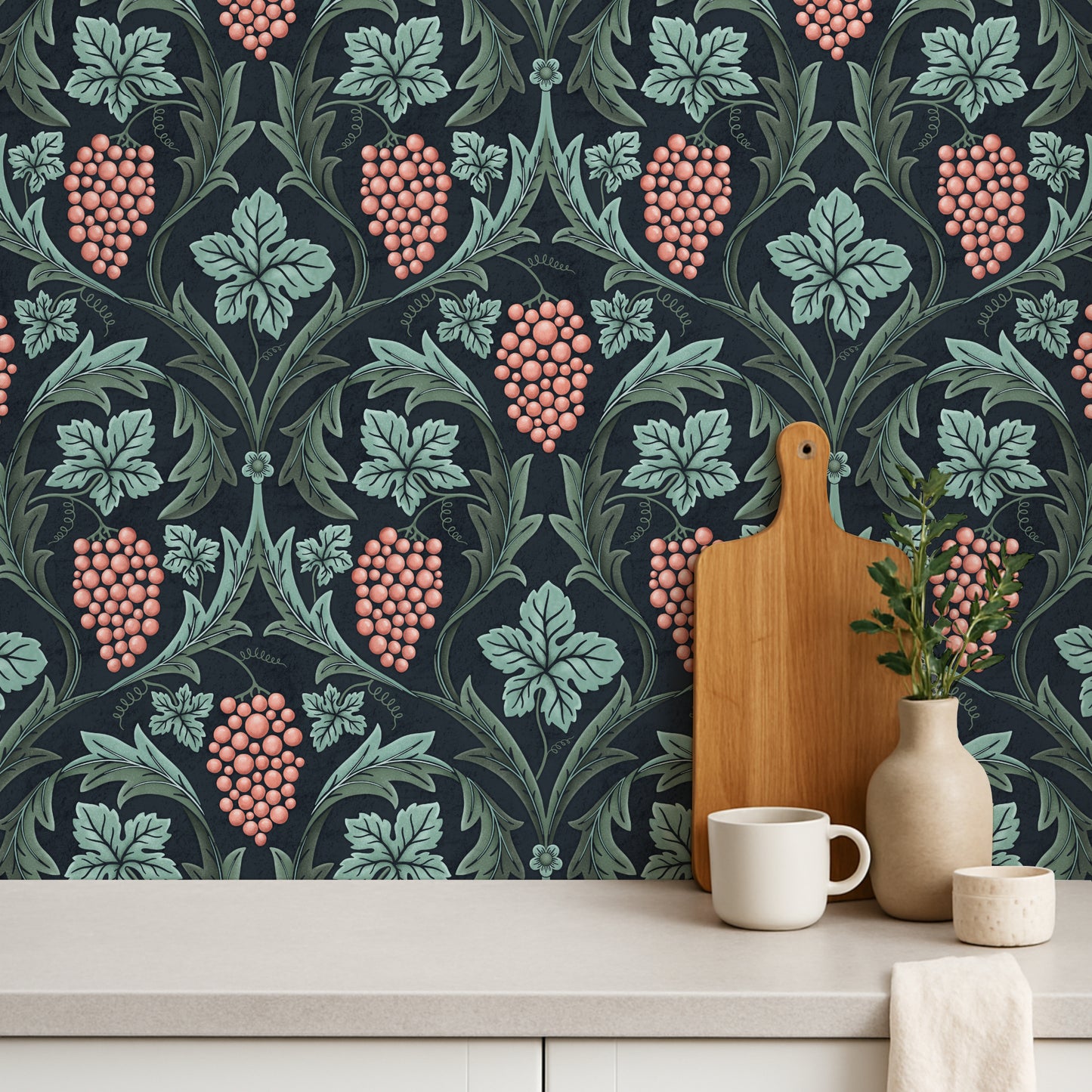 Grapes Wine Teal peel and stick wallpaper pattern detail