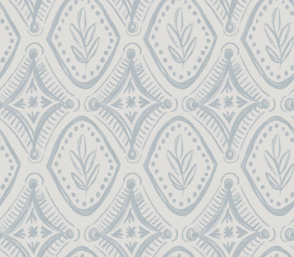 Pattern with blue geometric design on a light gray background