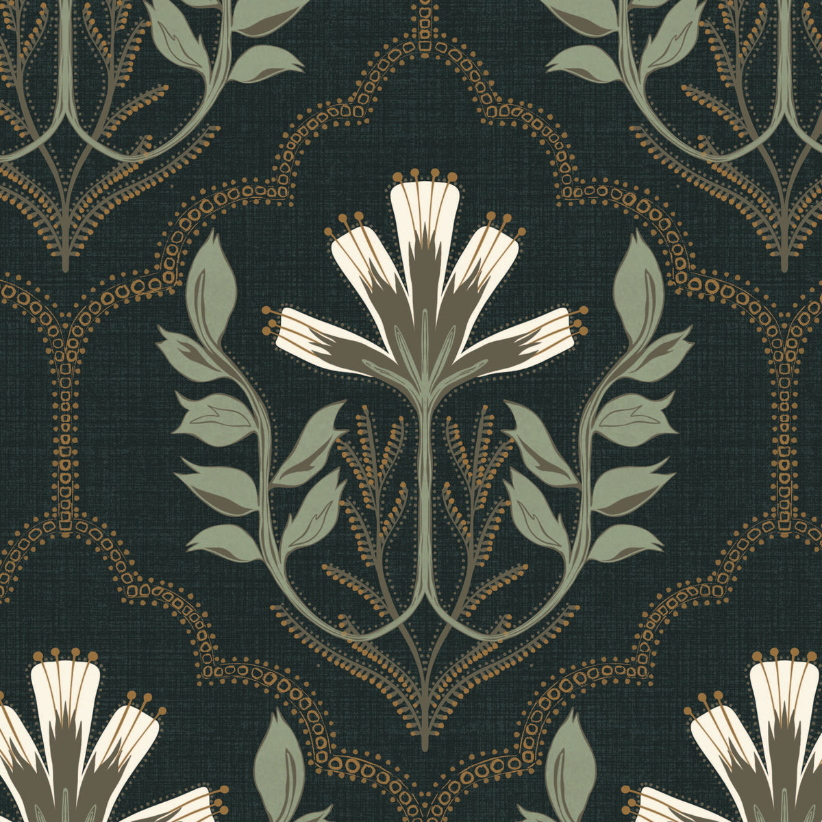 A repeating botanical pattern with large cream flowers, muted sage-green leaves, and small gold dotted vine accents on a very dark charcoal background.