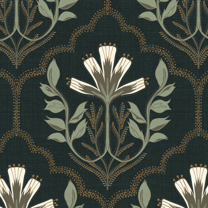 A repeating botanical pattern with large cream flowers, muted sage-green leaves, and small gold dotted vine accents on a very dark charcoal background.