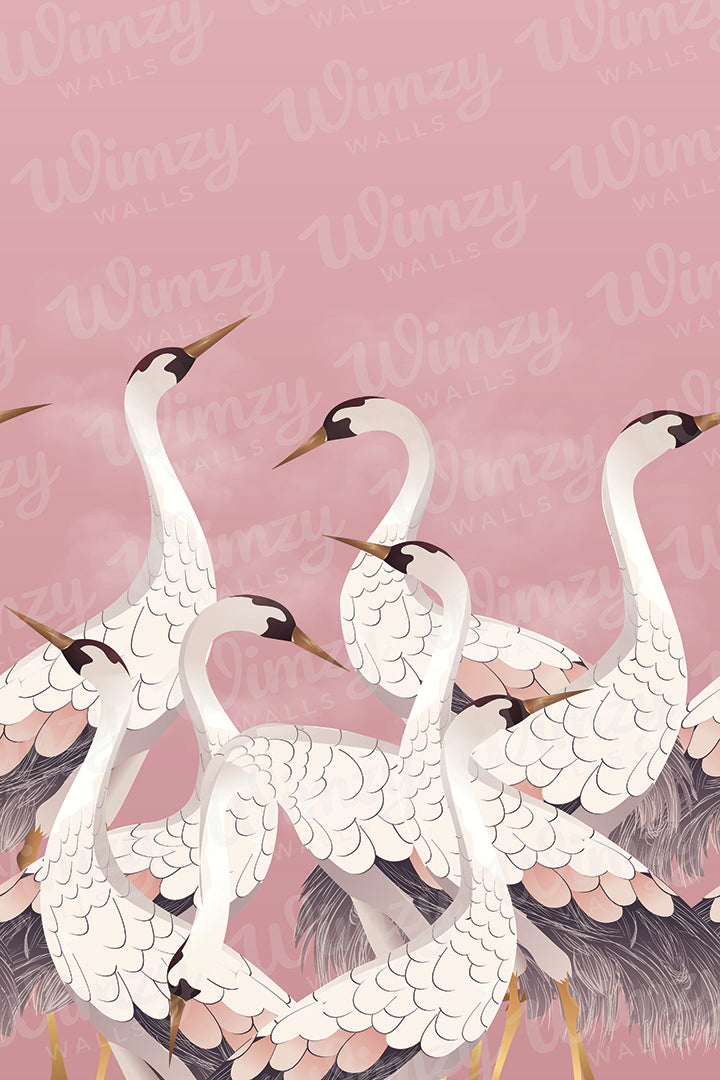 Illustration of cranes on a pink background with 'Wimzy' branding.